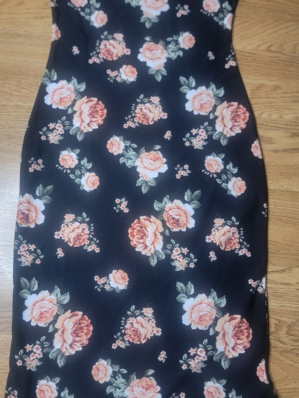Ultra Flirt Black Pencil Dress with Peach Rose Print
